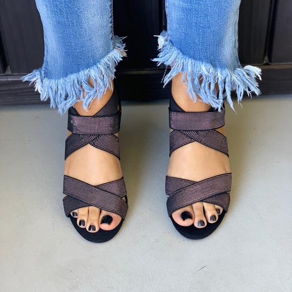 Black Elastic Strap Micro Studs High Heel Sandal - Picture 3 of 6